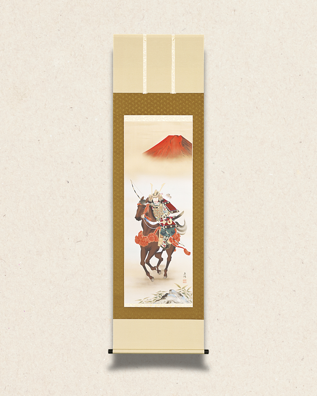 Samurai Under Red Fuji – Japanese Warrior Hanging Scroll – Zen